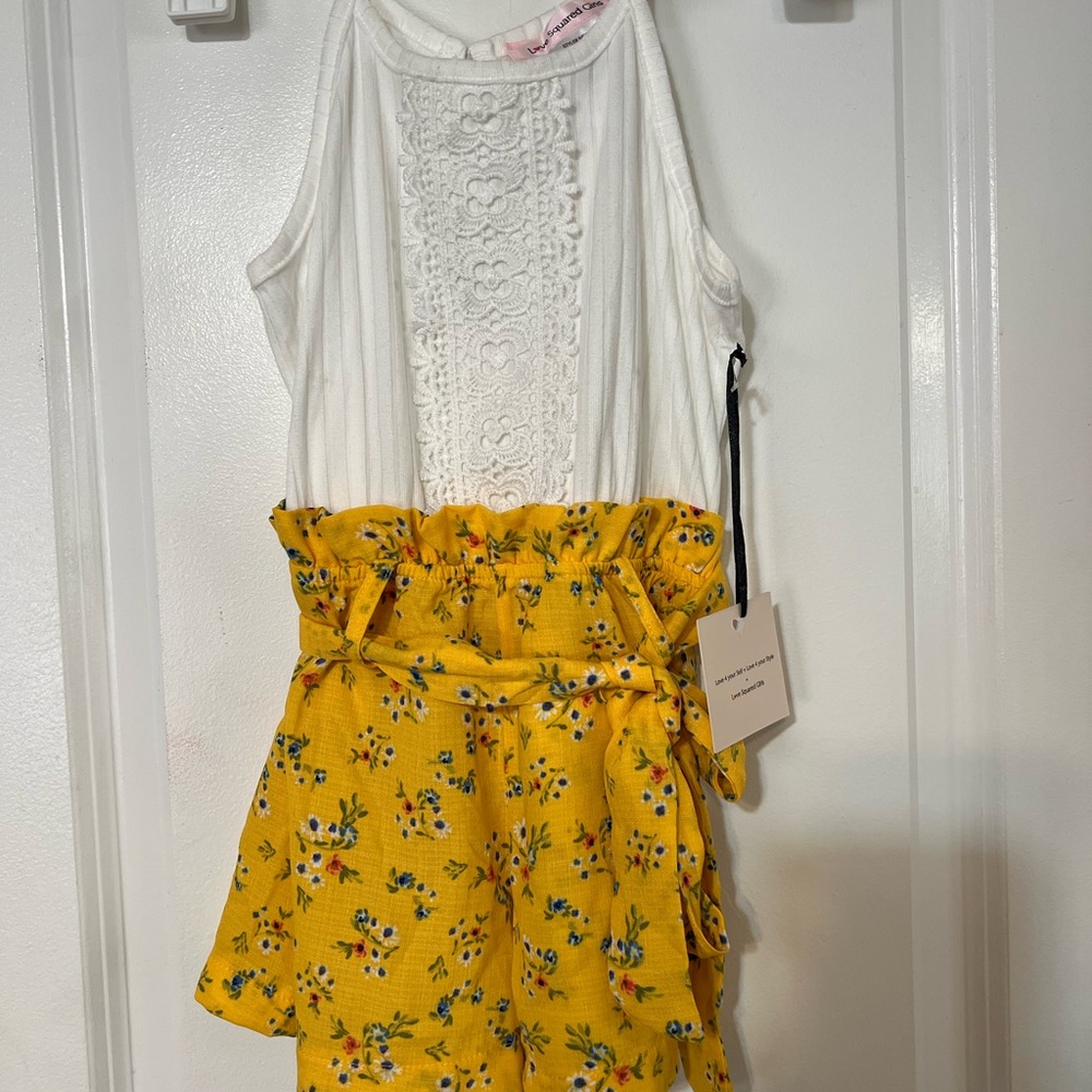 Floral Yellow Skirt with White Lace Top Size 7